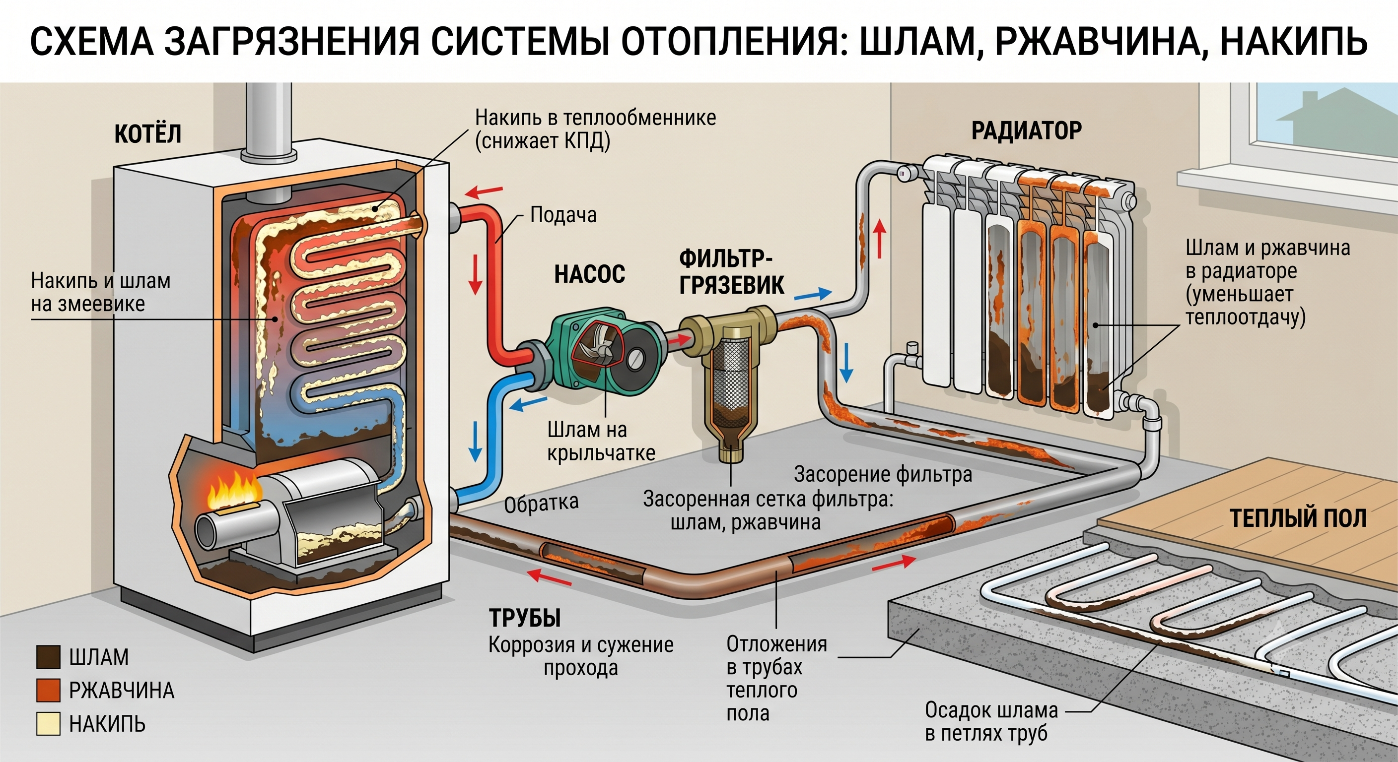 Cхема загрязнения системы отопления